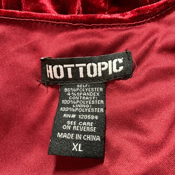 HOT TOPIC Poly Red Velvet Black Chiffon Trim Hook & Eye Close Dress Bell Sleeves - Picture 5 of 9